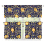 Blue And Gold Celestial Pattern Print 3 Piece Kitchen Curtains