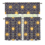 Blue And Gold Celestial Pattern Print 3 Piece Kitchen Curtains