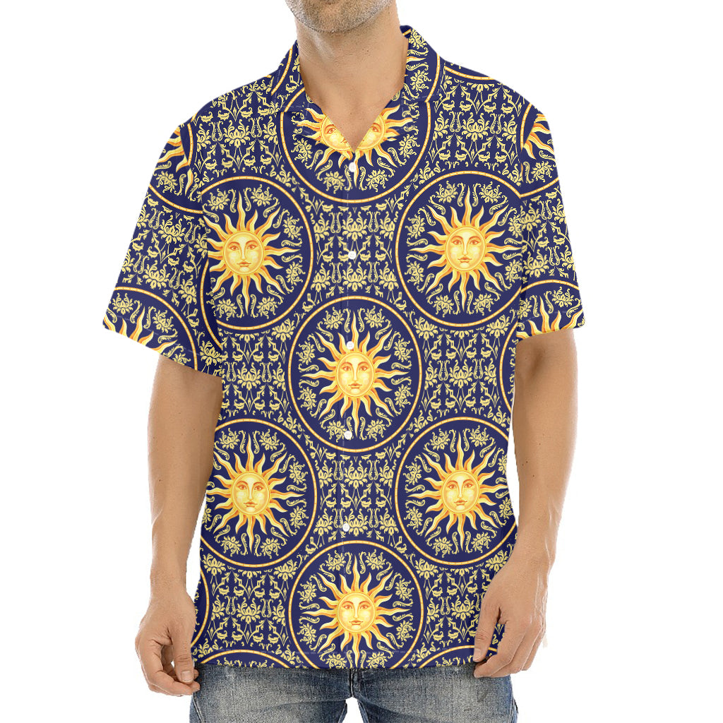 Blue And Gold Celestial Pattern Print Aloha Shirt
