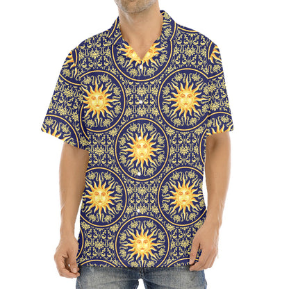Blue And Gold Celestial Pattern Print Aloha Shirt