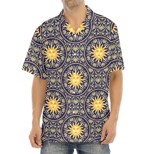 Blue And Gold Celestial Pattern Print Aloha Shirt