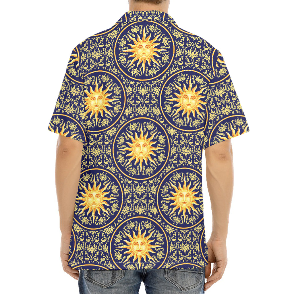 Blue And Gold Celestial Pattern Print Aloha Shirt