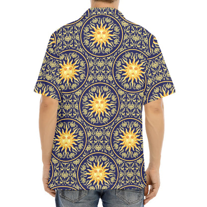 Blue And Gold Celestial Pattern Print Aloha Shirt