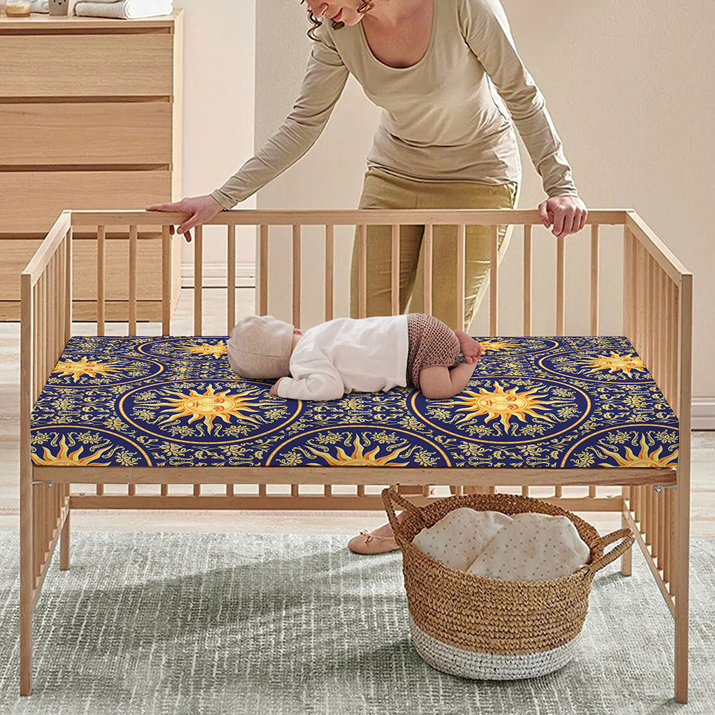 Blue And Gold Celestial Pattern Print Baby Crib Sheet