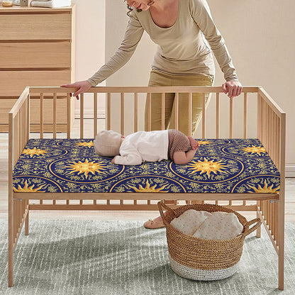 Blue And Gold Celestial Pattern Print Baby Crib Sheet