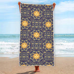 Blue And Gold Celestial Pattern Print Beach Towel