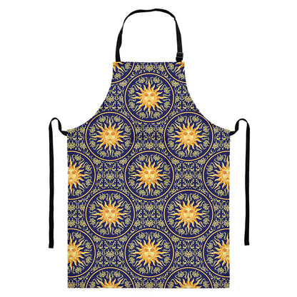 Blue And Gold Celestial Pattern Print Bib Apron With Pocket