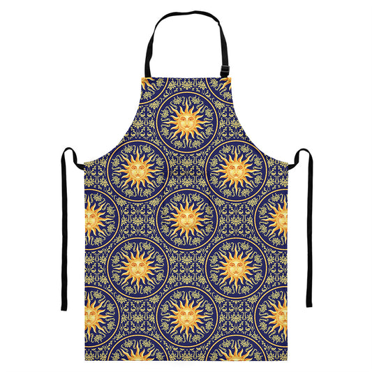 Blue And Gold Celestial Pattern Print Bib Apron With Pocket