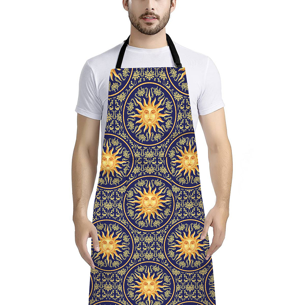 Blue And Gold Celestial Pattern Print Bib Apron With Pocket