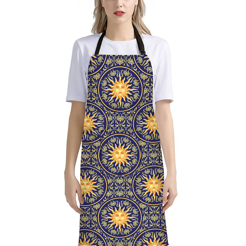 Blue And Gold Celestial Pattern Print Bib Apron With Pocket
