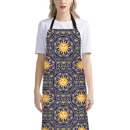 Blue And Gold Celestial Pattern Print Bib Apron With Pocket