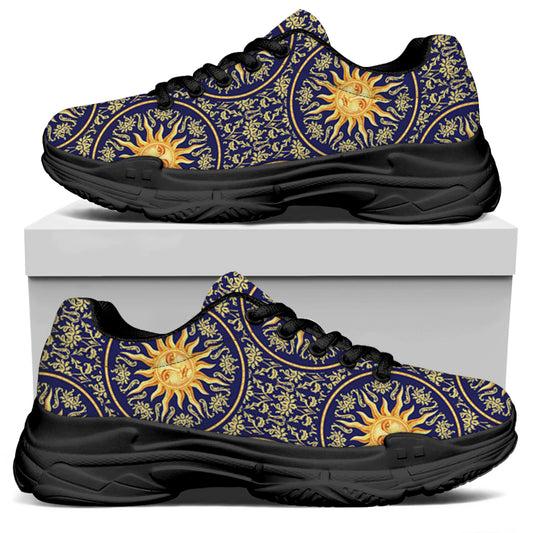 Blue And Gold Celestial Pattern Print Black Chunky Shoes