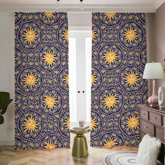 Blue And Gold Celestial Pattern Print Blackout Pencil Pleat Curtains