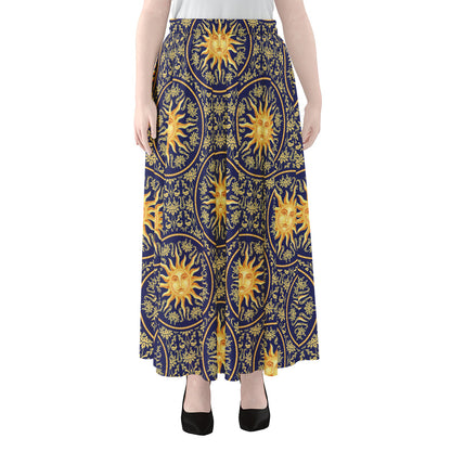 Blue And Gold Celestial Pattern Print Chiffon Maxi Skirt