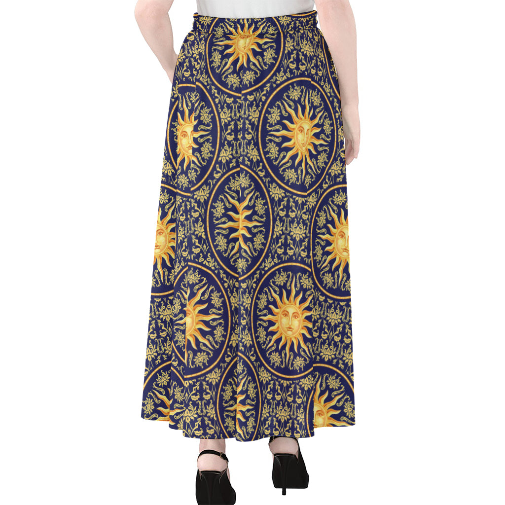 Blue And Gold Celestial Pattern Print Chiffon Maxi Skirt