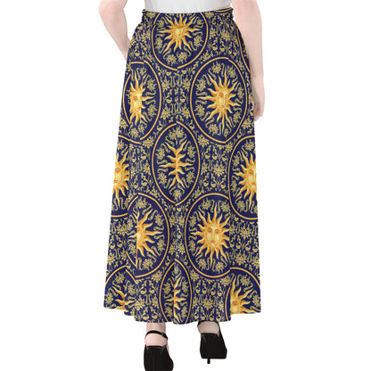 Blue And Gold Celestial Pattern Print Chiffon Maxi Skirt