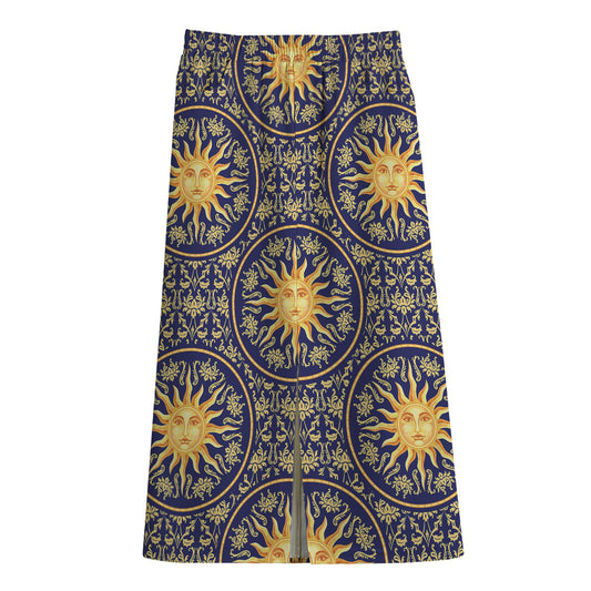 Blue And Gold Celestial Pattern Print Cotton Front Slit Maxi Skirt