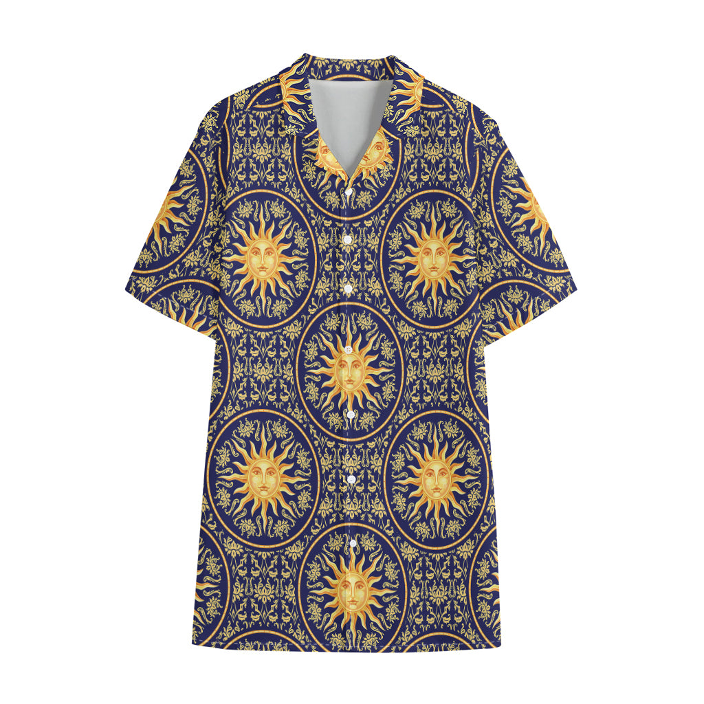 Blue And Gold Celestial Pattern Print Cotton Hawaiian Shirt