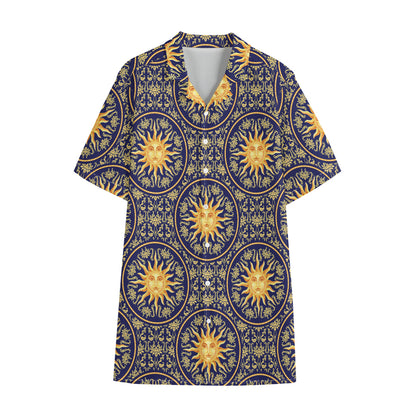 Blue And Gold Celestial Pattern Print Cotton Hawaiian Shirt