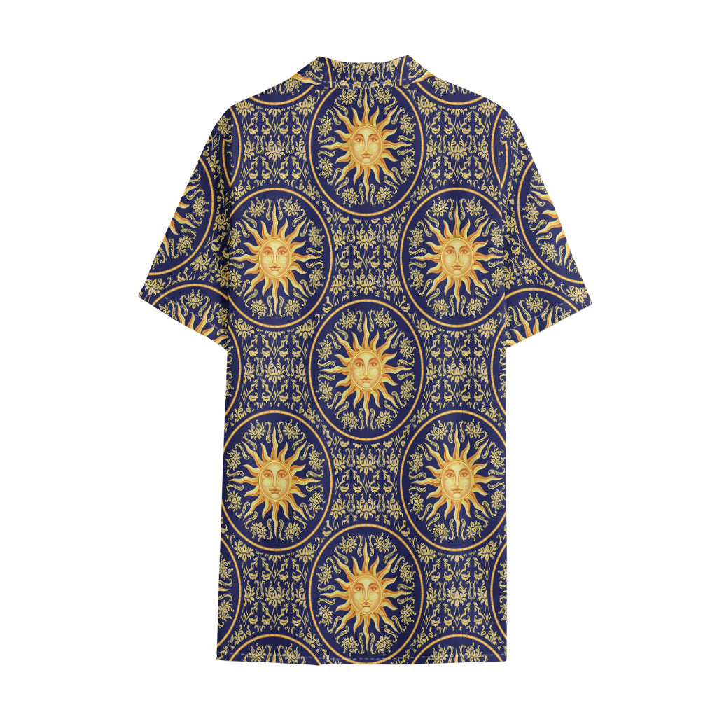 Blue And Gold Celestial Pattern Print Cotton Hawaiian Shirt