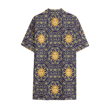 Blue And Gold Celestial Pattern Print Cotton Hawaiian Shirt