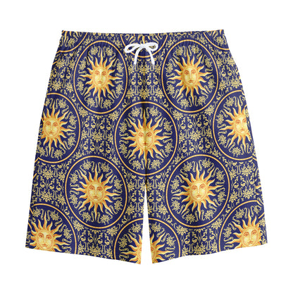 Blue And Gold Celestial Pattern Print Cotton Shorts