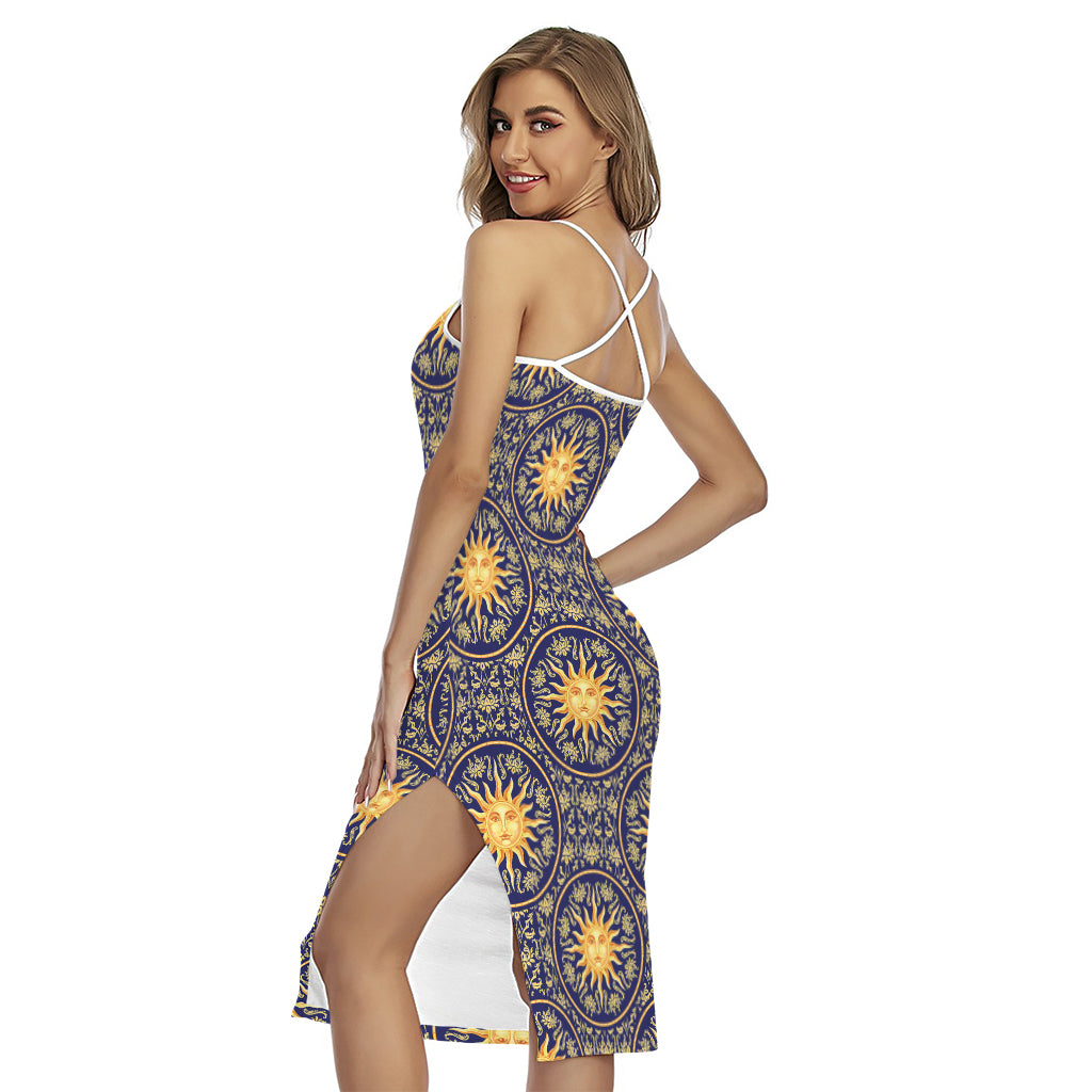 Blue And Gold Celestial Pattern Print Cross Back Cami Dress