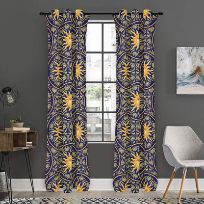 Blue And Gold Celestial Pattern Print Curtain
