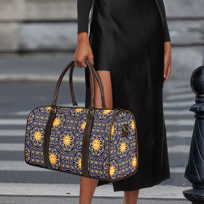 Blue And Gold Celestial Pattern Print Duffle Bag