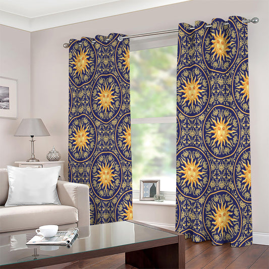 Blue And Gold Celestial Pattern Print Extra Wide Grommet Curtains
