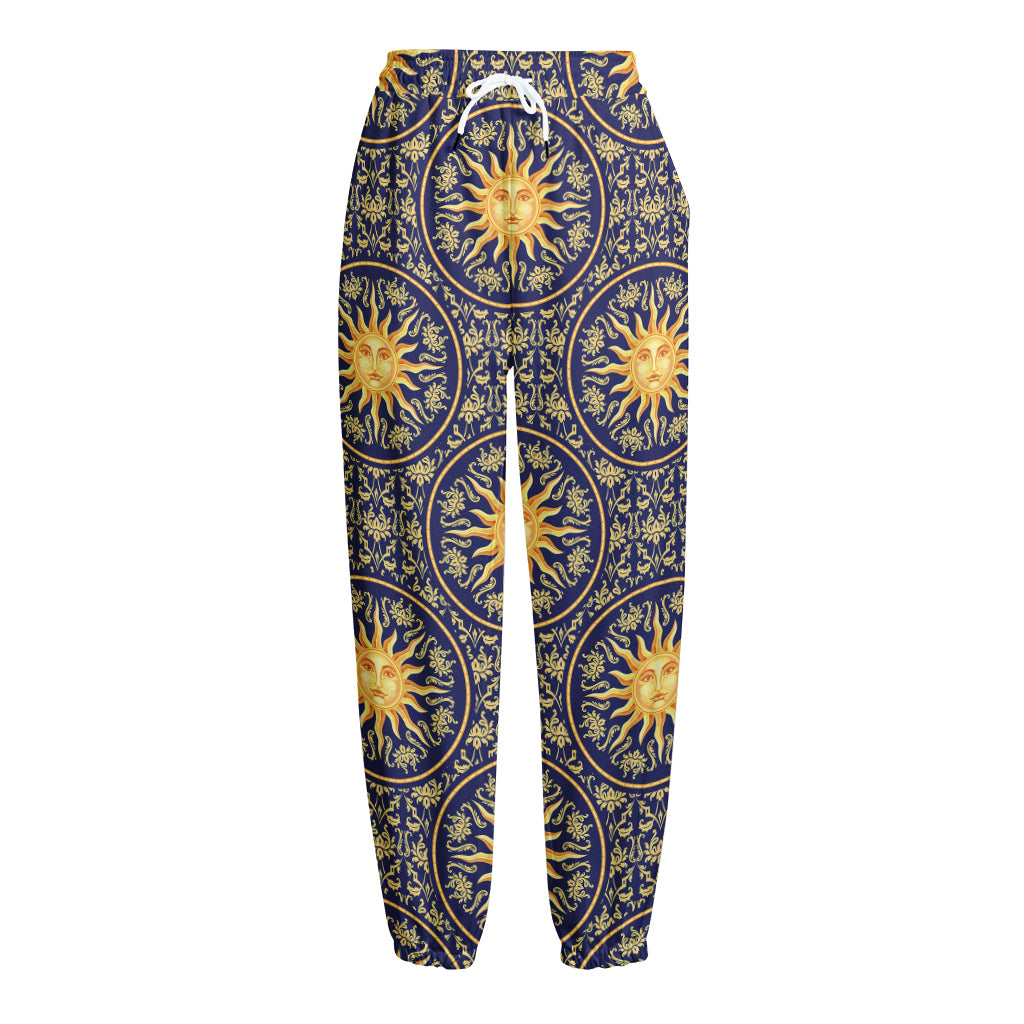 Blue And Gold Celestial Pattern Print Fleece Lined Knit Pants