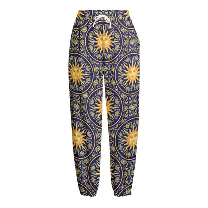 Blue And Gold Celestial Pattern Print Fleece Lined Knit Pants