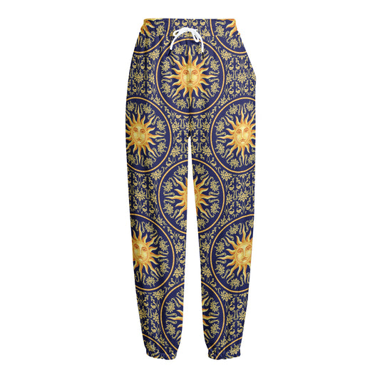 Blue And Gold Celestial Pattern Print Fleece Lined Knit Pants