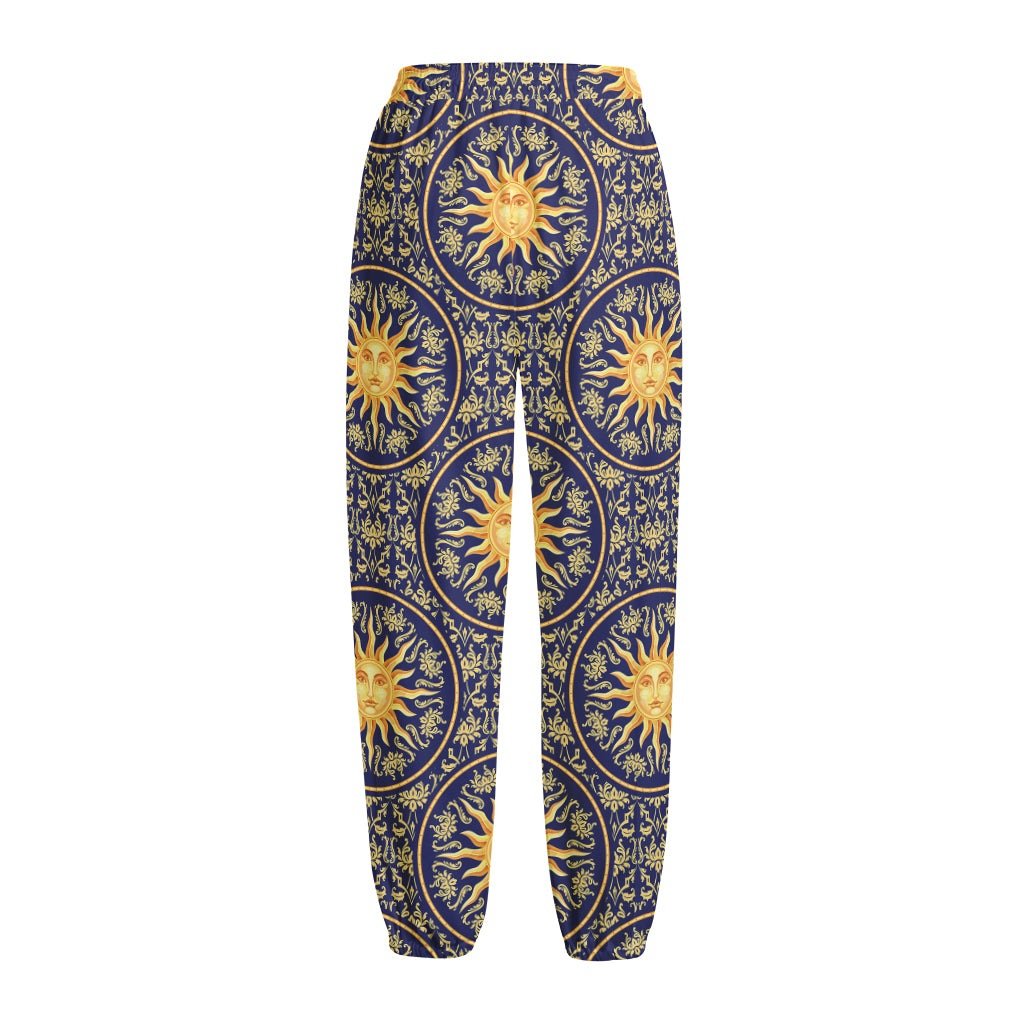 Blue And Gold Celestial Pattern Print Fleece Lined Knit Pants