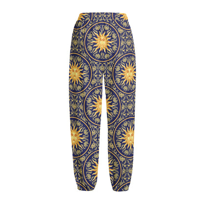 Blue And Gold Celestial Pattern Print Fleece Lined Knit Pants