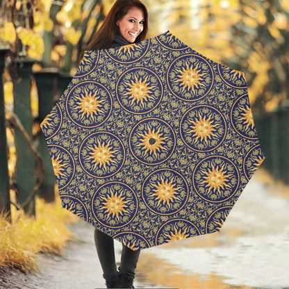 Blue And Gold Celestial Pattern Print Foldable Umbrella