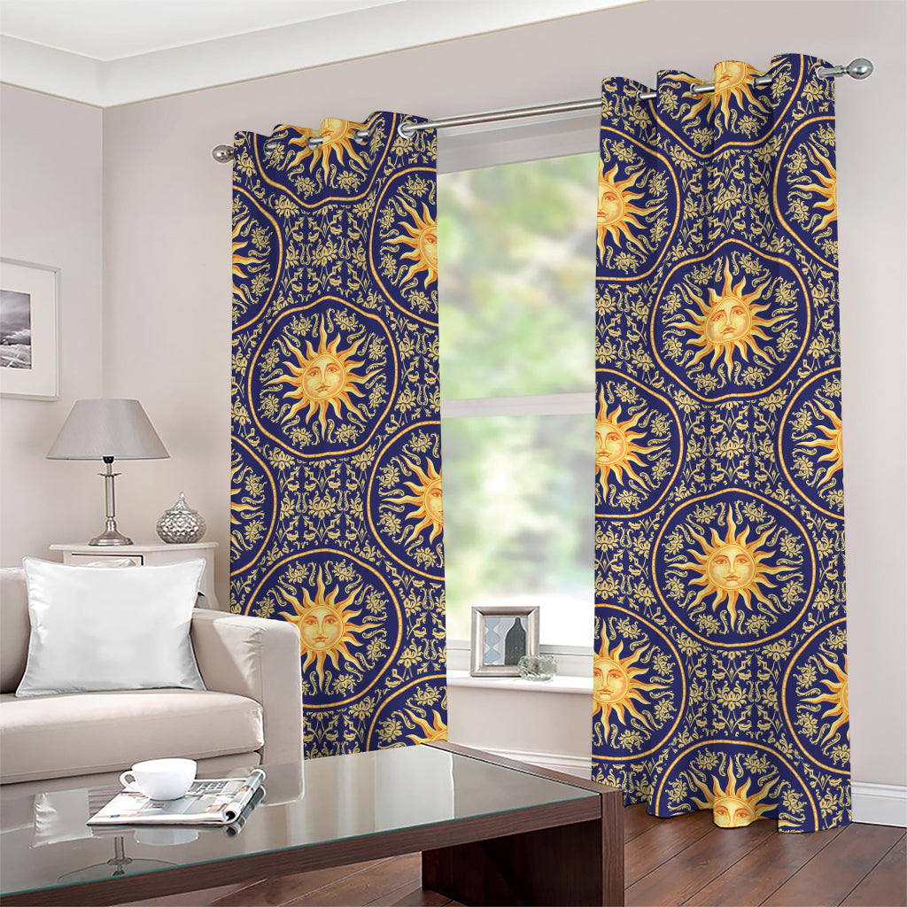 Blue And Gold Celestial Pattern Print Grommet Curtains