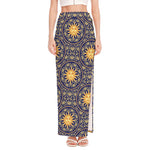 Blue And Gold Celestial Pattern Print High Slit Maxi Skirt