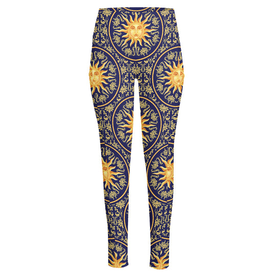 Blue And Gold Celestial Pattern Print High-Waisted Pocket Leggings