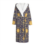 Blue And Gold Celestial Pattern Print Hooded Bathrobe