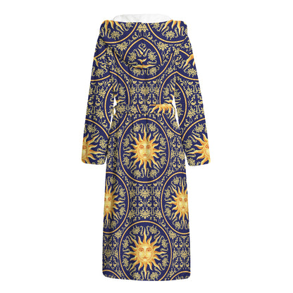 Blue And Gold Celestial Pattern Print Hooded Bathrobe