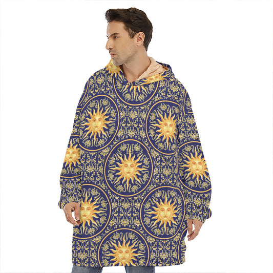 Blue And Gold Celestial Pattern Print Hoodie Blanket