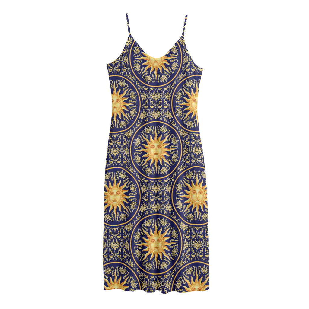 Blue And Gold Celestial Pattern Print Jersey Midi Cami Dress