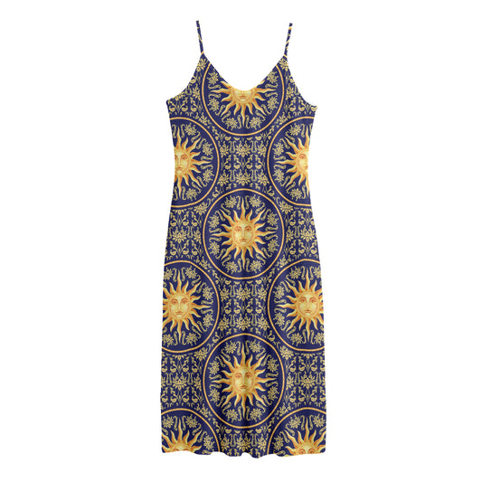 Blue And Gold Celestial Pattern Print Jersey Midi Cami Dress