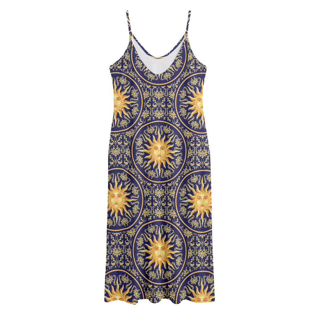 Blue And Gold Celestial Pattern Print Jersey Midi Cami Dress