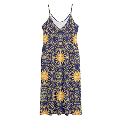 Blue And Gold Celestial Pattern Print Jersey Midi Cami Dress
