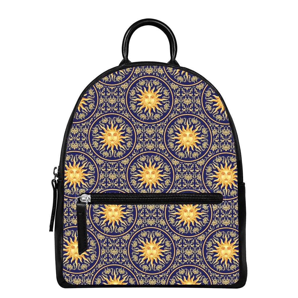 Blue And Gold Celestial Pattern Print Leather Backpack