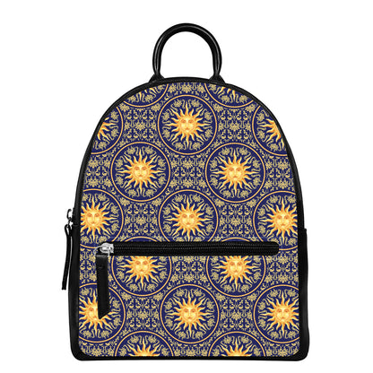 Blue And Gold Celestial Pattern Print Leather Backpack