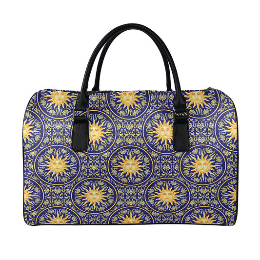 Blue And Gold Celestial Pattern Print Leather Duffle Bag