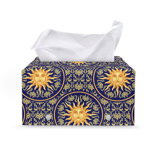 Blue And Gold Celestial Pattern Print Leather Tissue Box Cover